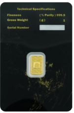 1-gram gold bar back view with a smooth finish