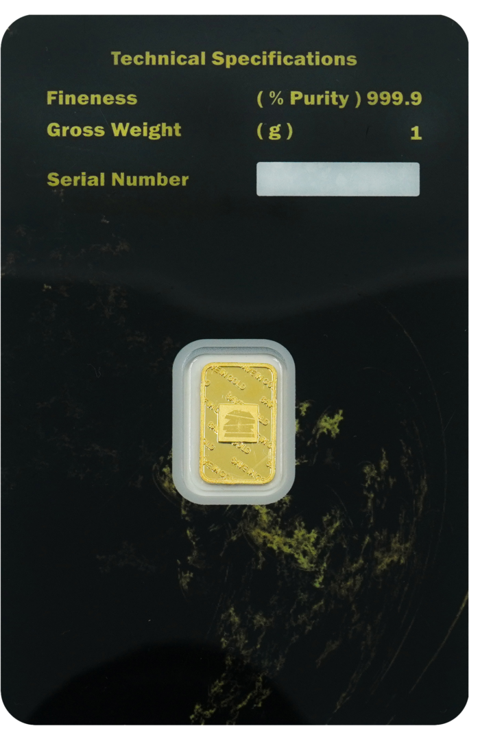 1-gram gold bar back view with a smooth finish