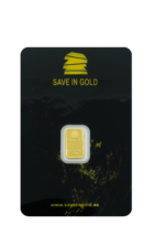 1-gram gold bar front side with intricate detailing.