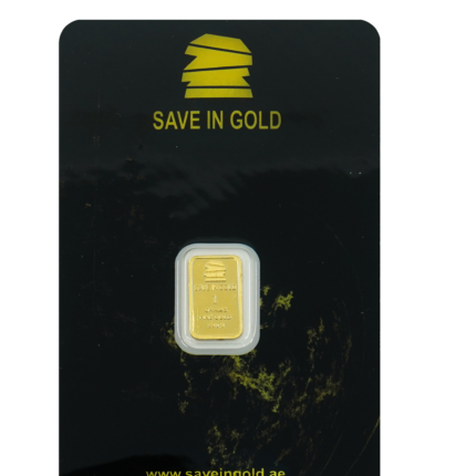1-gram gold bar front side with intricate detailing.