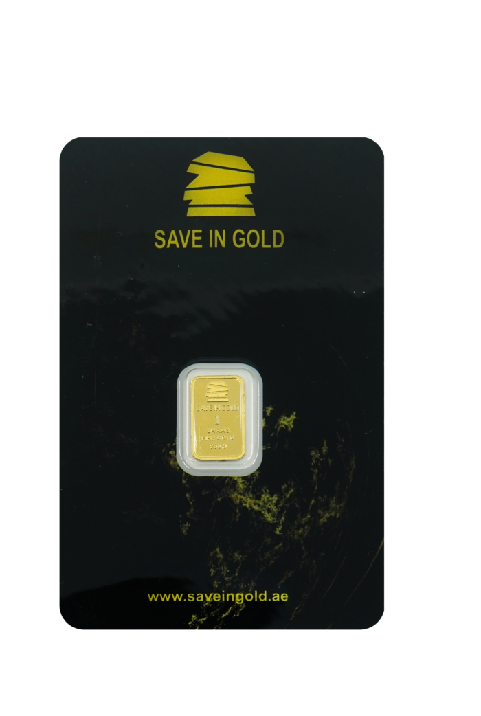 1-gram gold bar front side with intricate detailing.