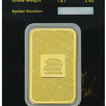 1-ounce gold bar back view with authenticity engravings.