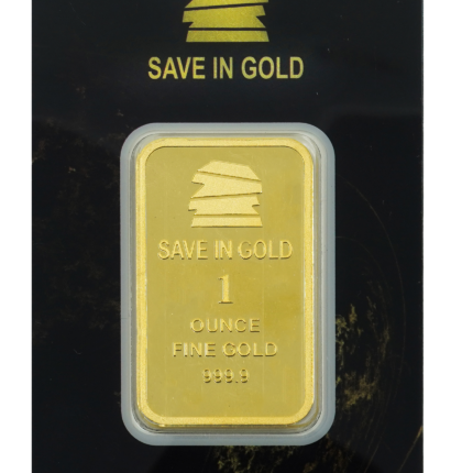 1-ounce gold bar front view with intricate design.