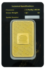 100-gram gold bar back view with quality markings.