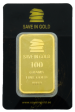 100-gram gold bar front view with a striking design.