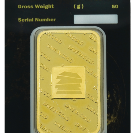 50-gram gold bar back view with authenticity markings.