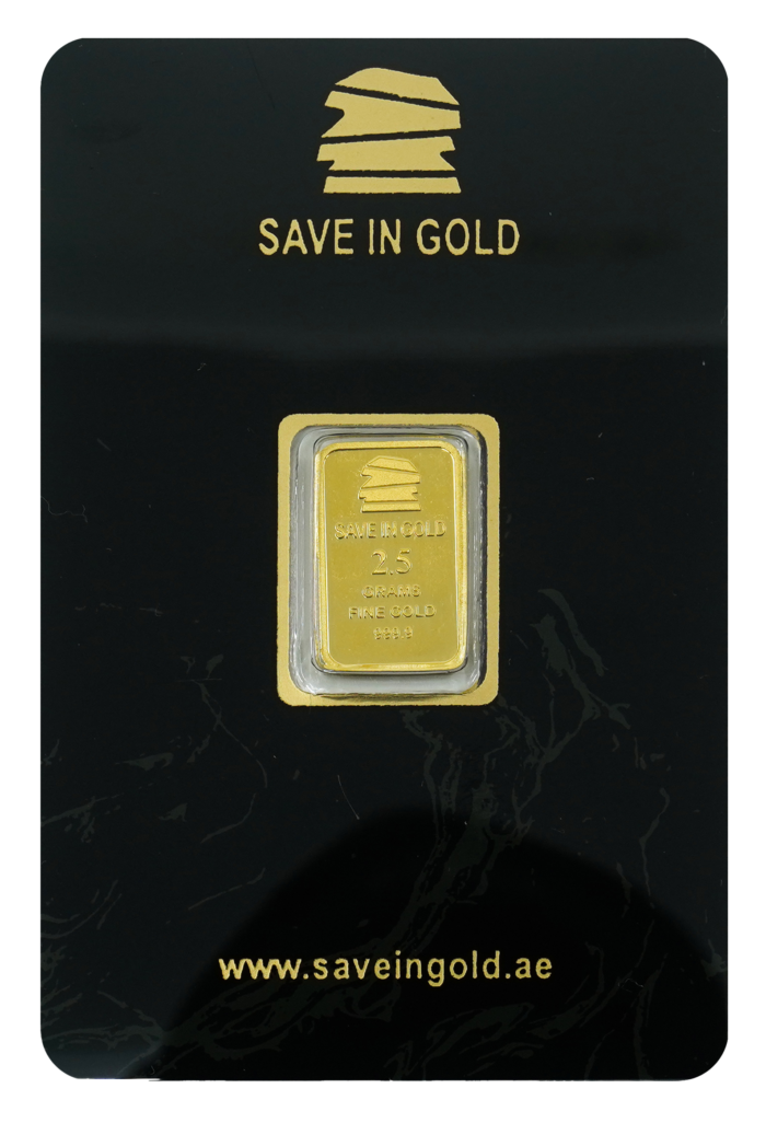 2.5-gram gold bar front view with intricate design and branding