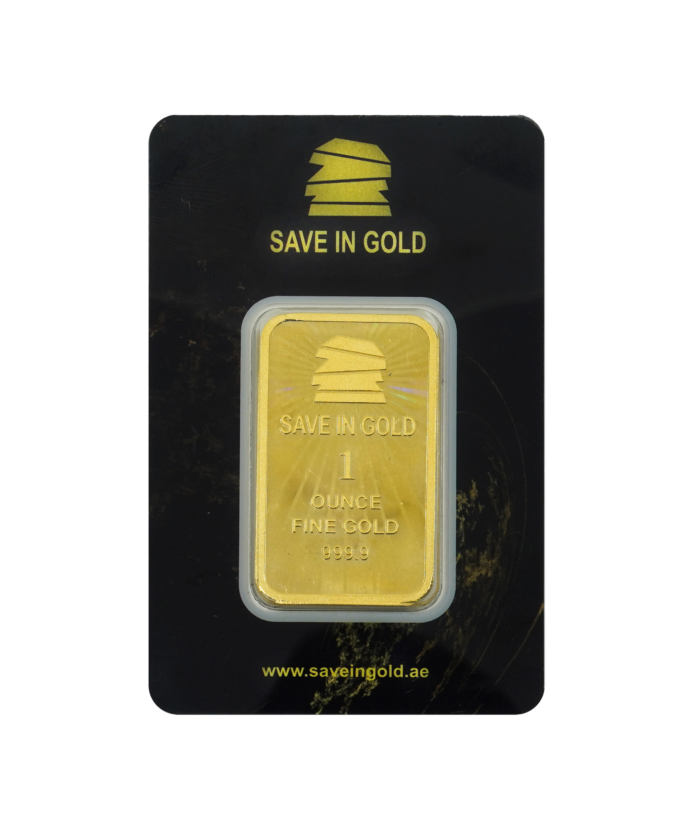 1-ounce gold bar front view with a new refined design.