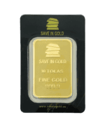 10 tolas gold bar front view with a traditional design.