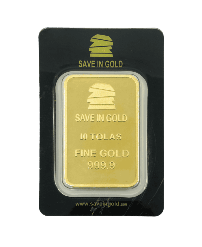 10 tolas gold bar front view with a traditional design.