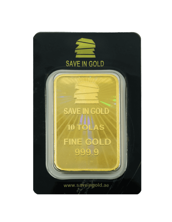 10 tolas gold bar front view with detailed engraving