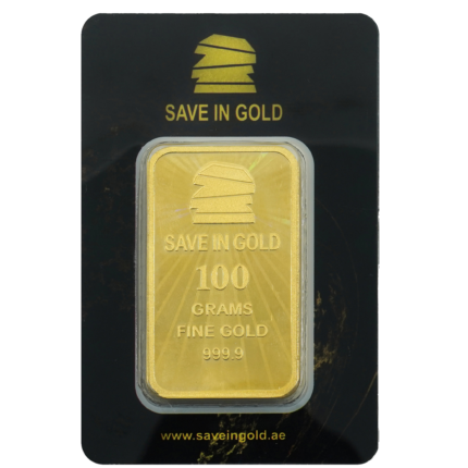 100-gram gold bar front view with an updated modern design.