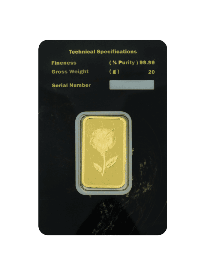20-gram gold bar back view with precision engravings