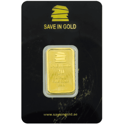 20-gram gold bar front view with striking design elements