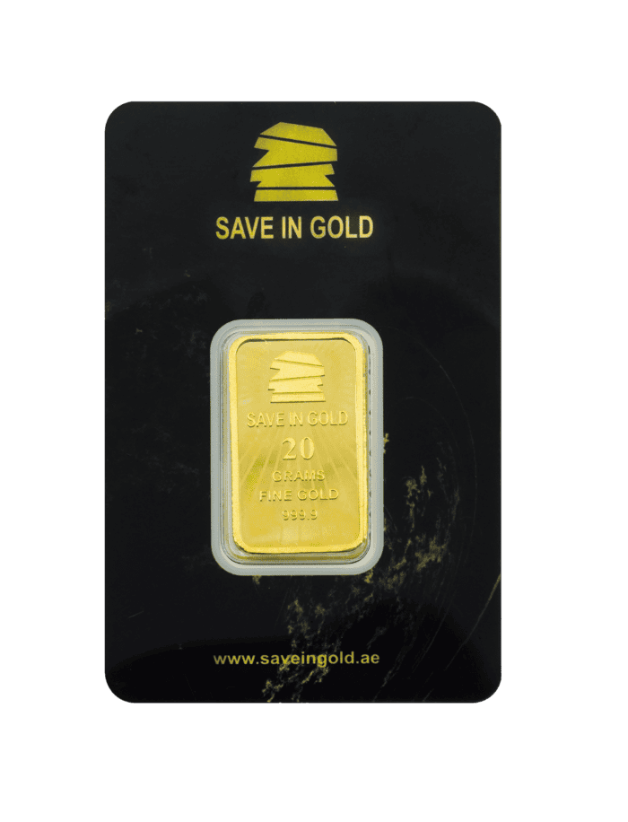 20-gram gold bar front view with striking design elements