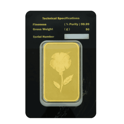 50-gram gold bar back view with a modern authentication engraving.
