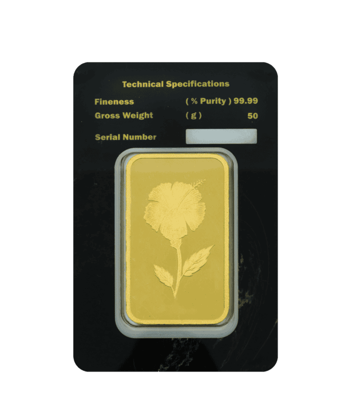 50-gram gold bar back view with a modern authentication engraving.