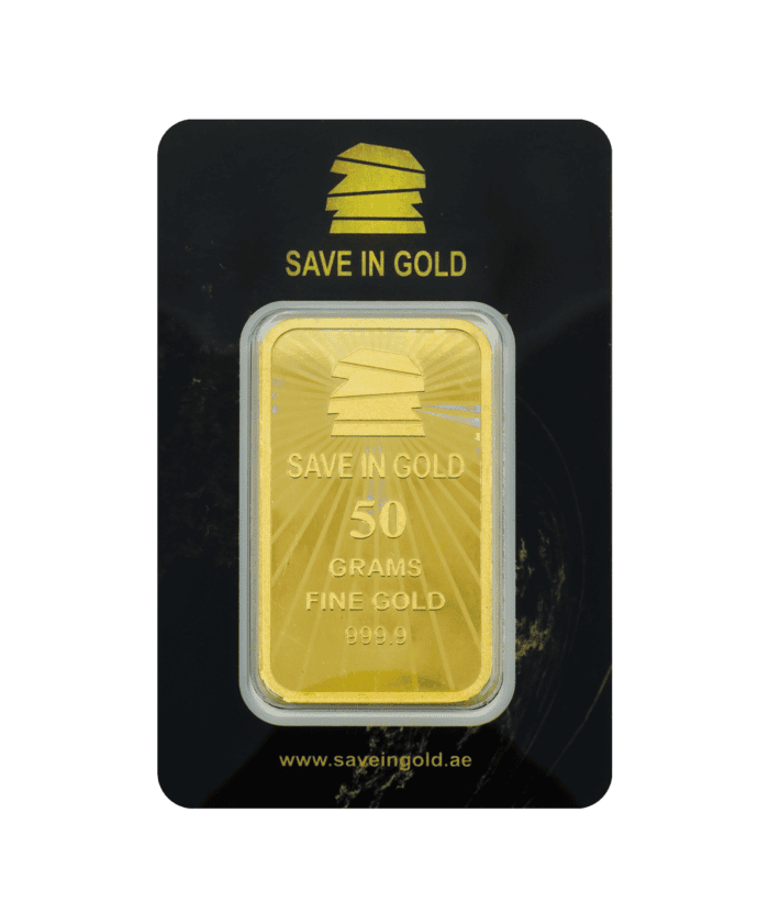 50-gram gold bar front view with elegant detailing
